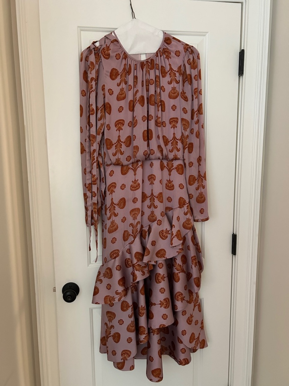 Johanna Ortiz Lavender Midi Dress with Rust Floral Motif